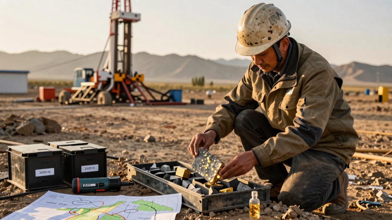 Operário de capacete manuseia amostras geológicas num local de perfuração com mapas no chão.