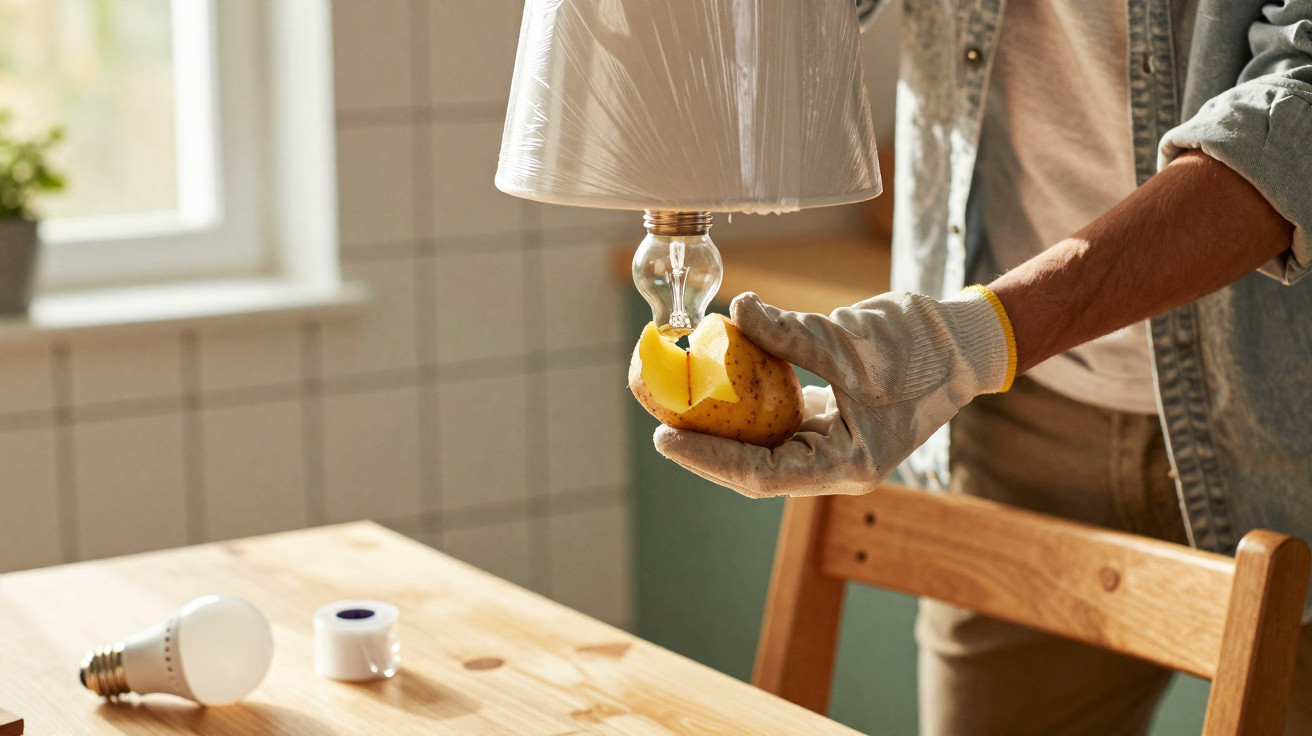 Pessoa ligando uma lâmpada a uma batata numa cozinha com mesa de madeira e lâmpadas na mesa.