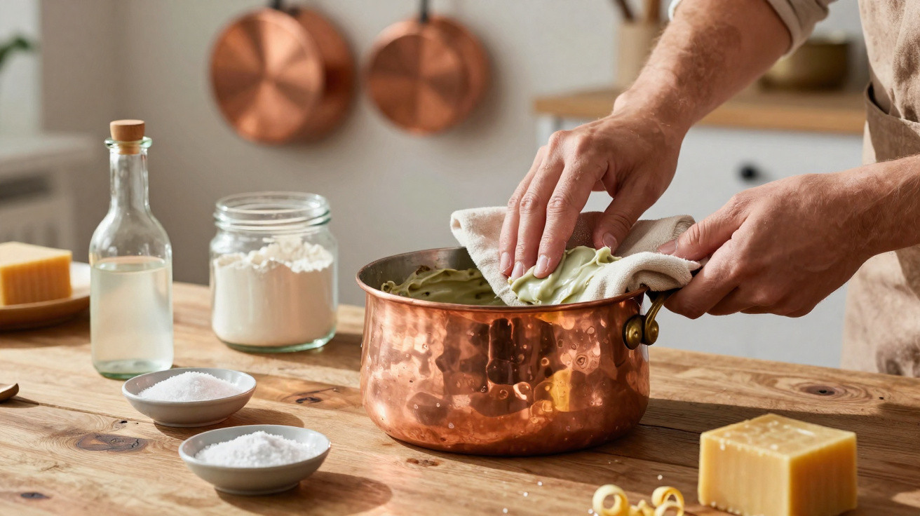 Mãos a limpar tacho de cobre numa cozinha rústica com ingredientes para cozinhar no balcão de madeira.