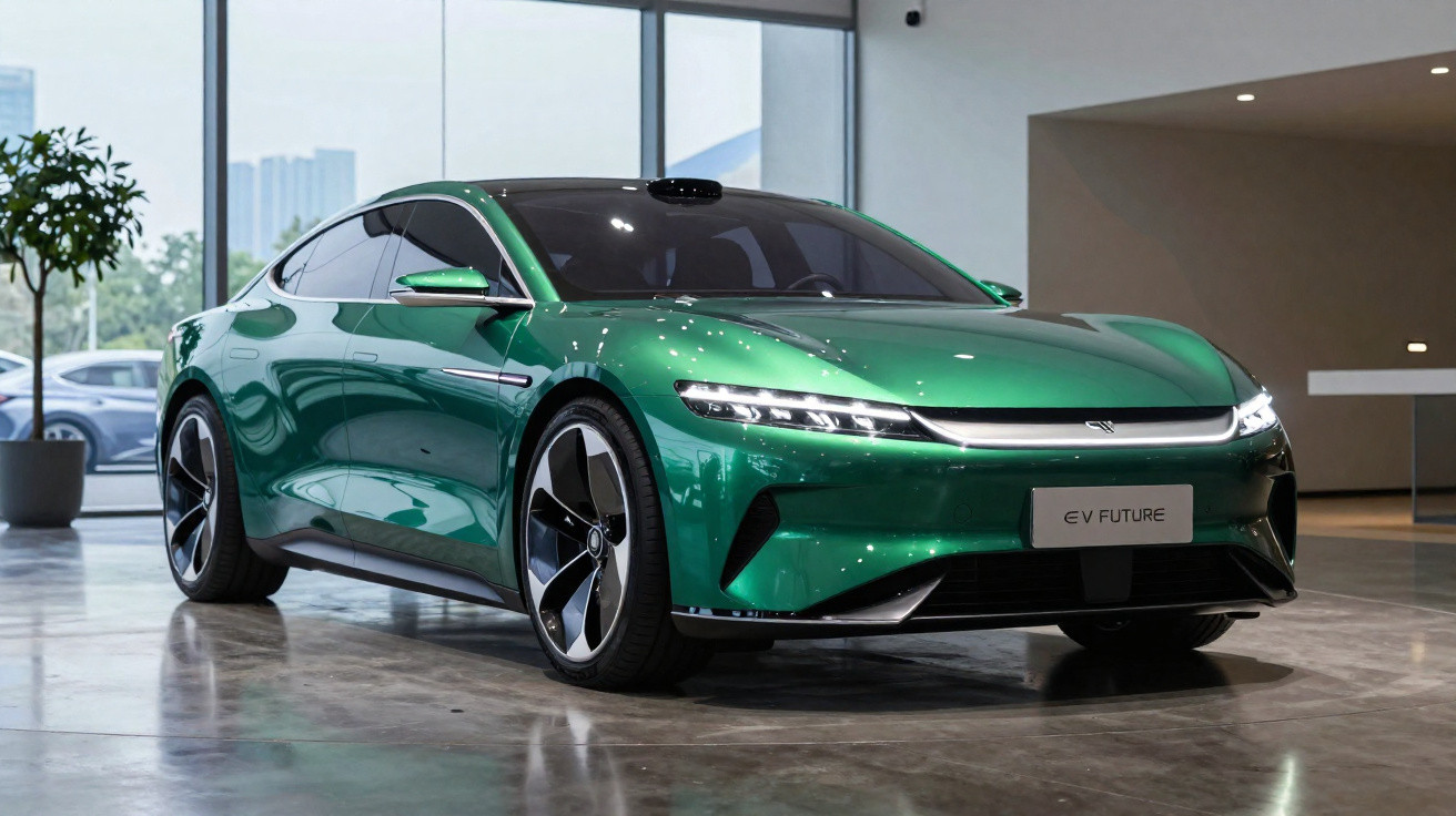 Carro elétrico verde brilhante com design futurista em exposição num espaço interior moderno.