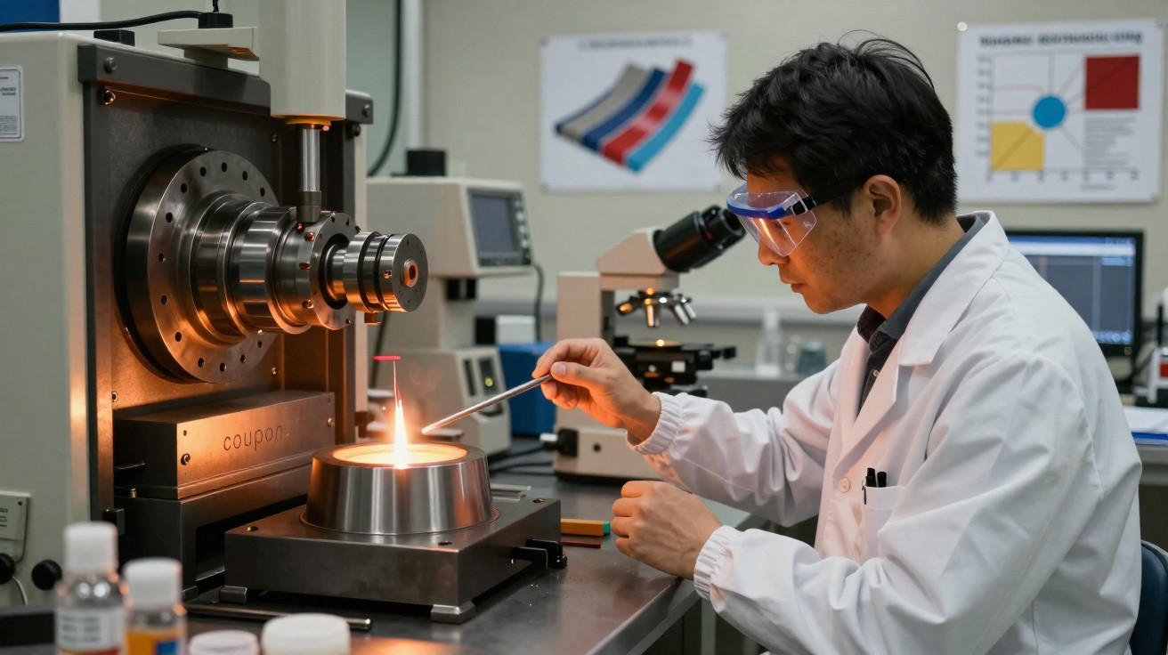 Cientista em bata e óculos de proteção manipula material aquecido numa placa de laboratório com equipamento avançado.