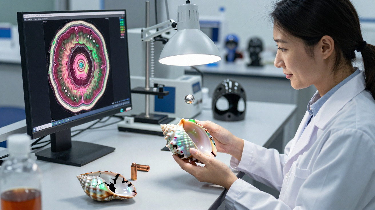 Investigadora em laboratório analisa concha marinha enquanto dados científicos aparecem no ecrã do computador.