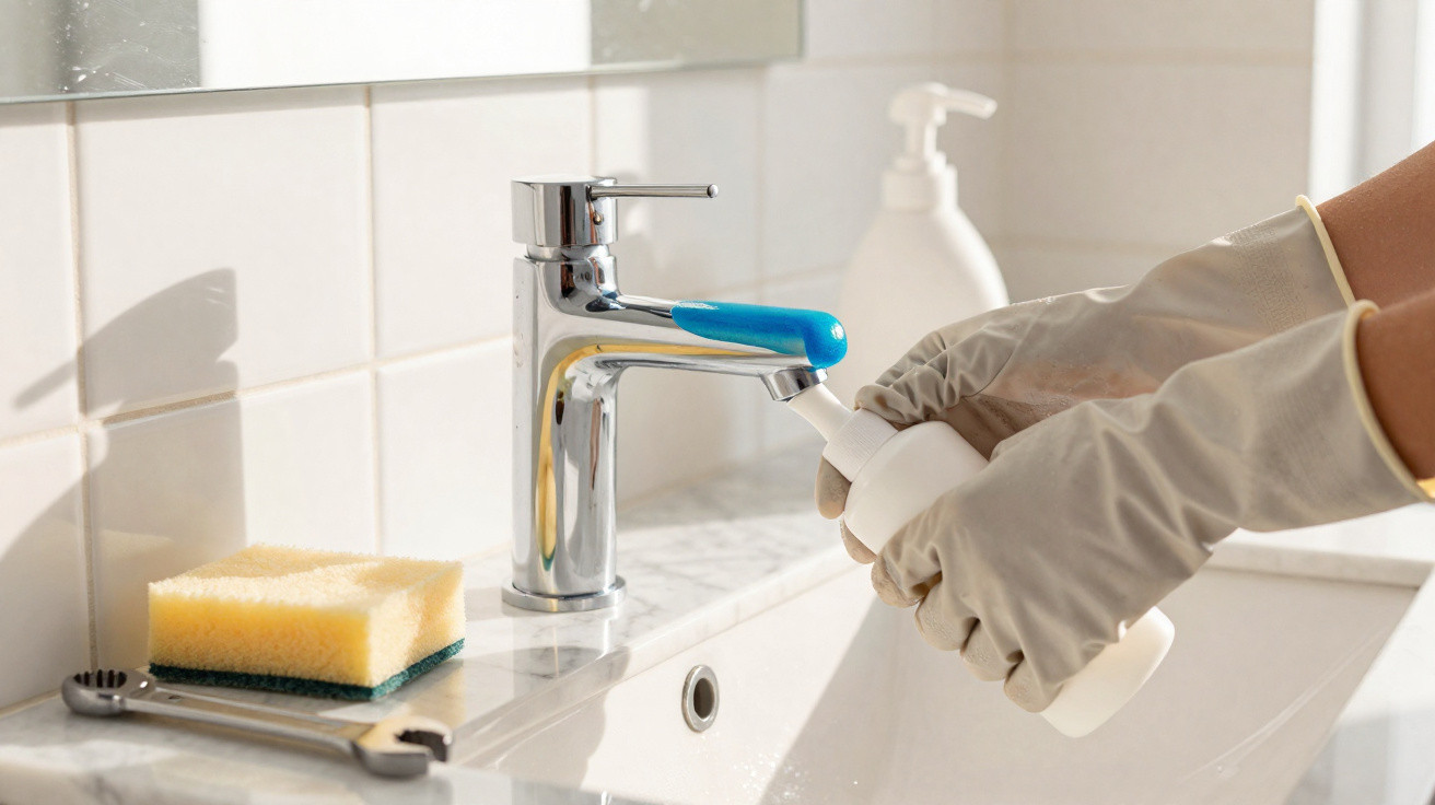 Mãos com luvas de borracha a aplicar detergente líquido numa torneira num lavatório branco.