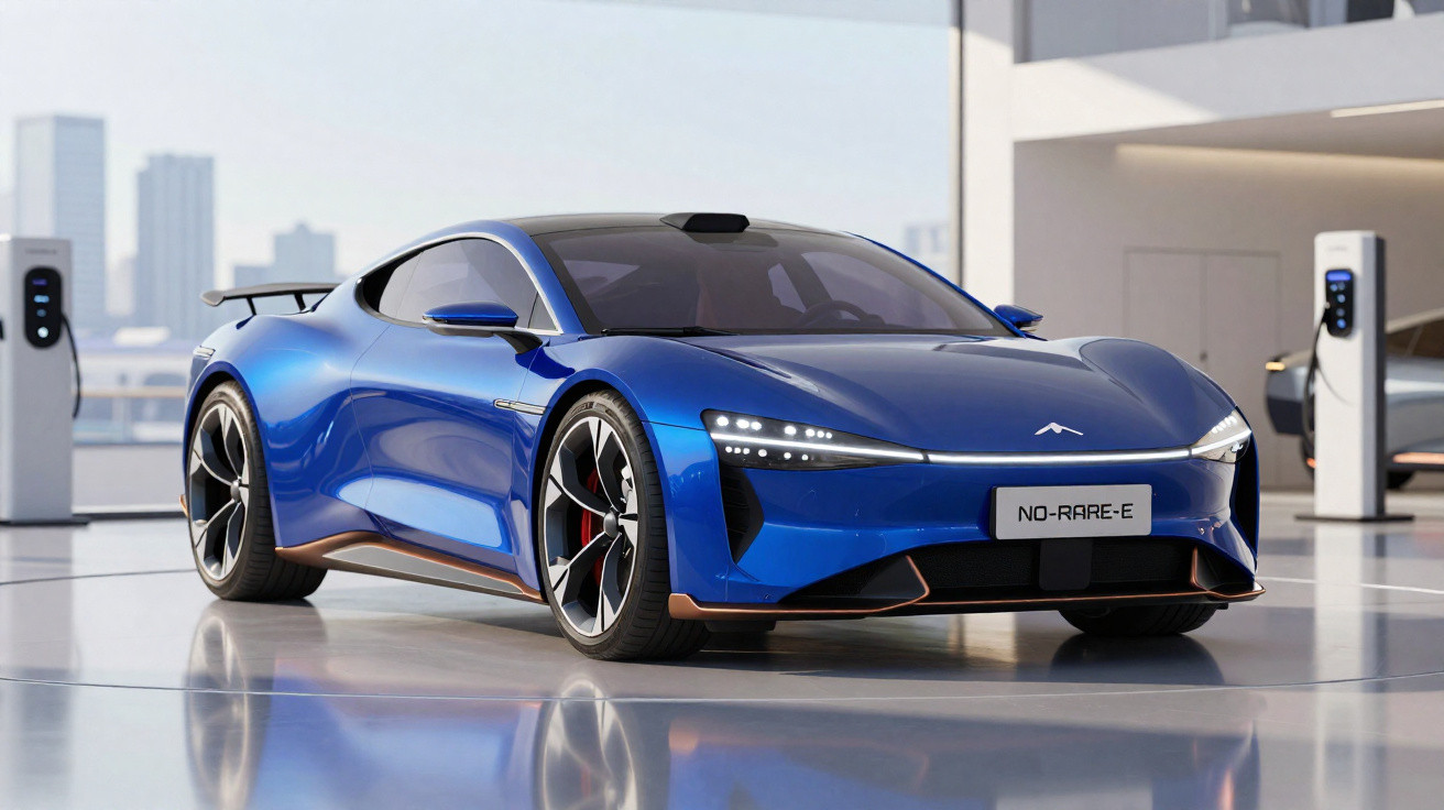 Carro desportivo elétrico azul estacionado numa estação de carregamento numa cidade moderna.