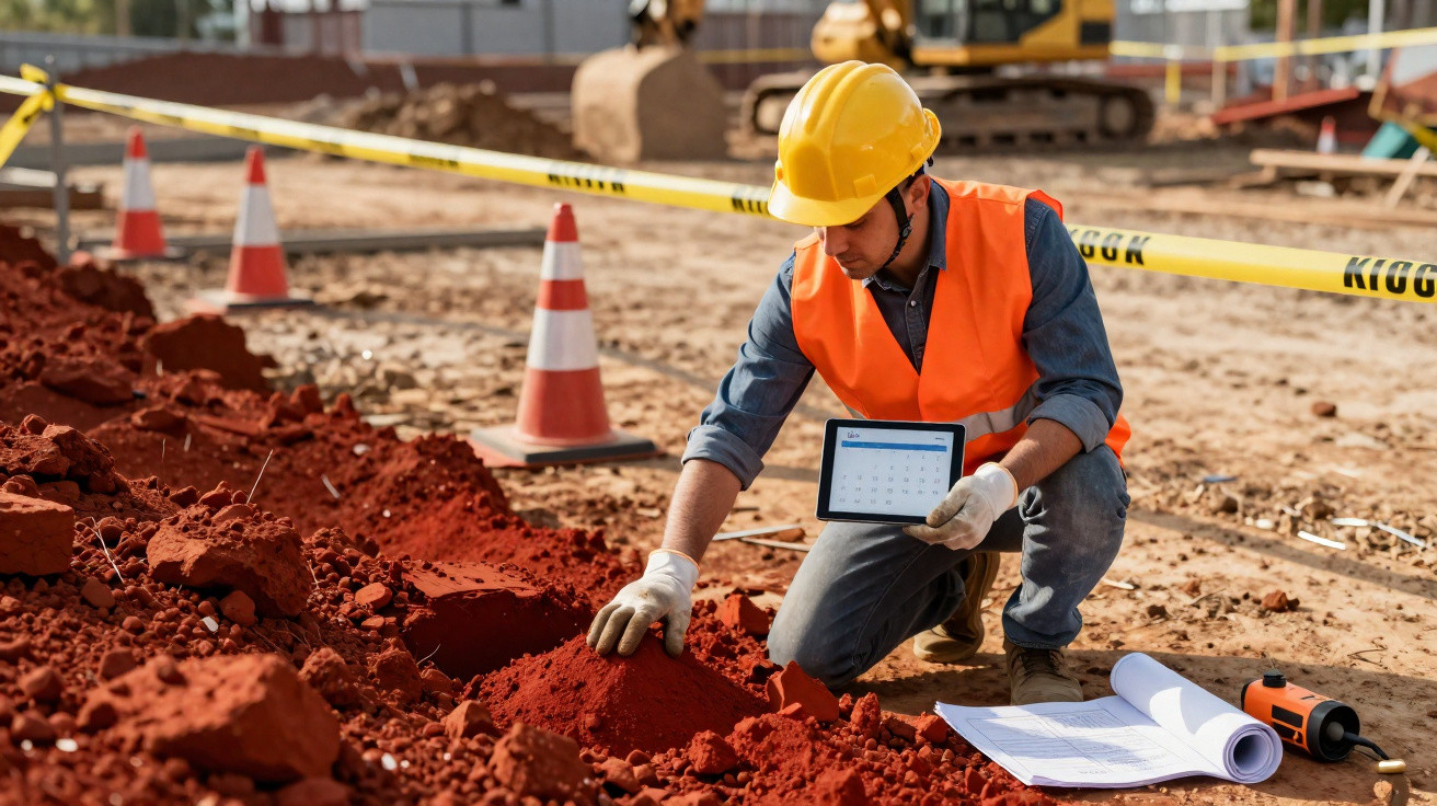 Homem com capacete e colete refletor analisa solo vermelho num canteiro de obra, segurando tablet e junto a plantas.