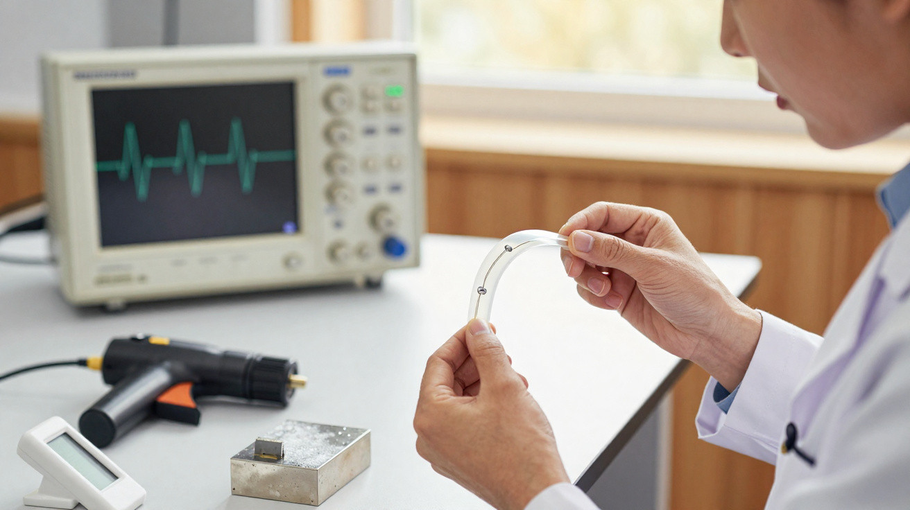 Pessoa numa bancada de laboratório segurando um dispositivo flexível com equipamento eletrónico e osciloscópio ao fundo