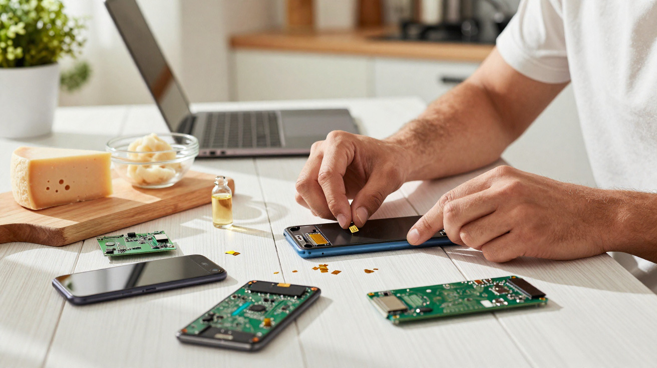 Pessoa a reparar um telemóvel numa mesa com peças eletrónicas e comida ao fundo numa cozinha.