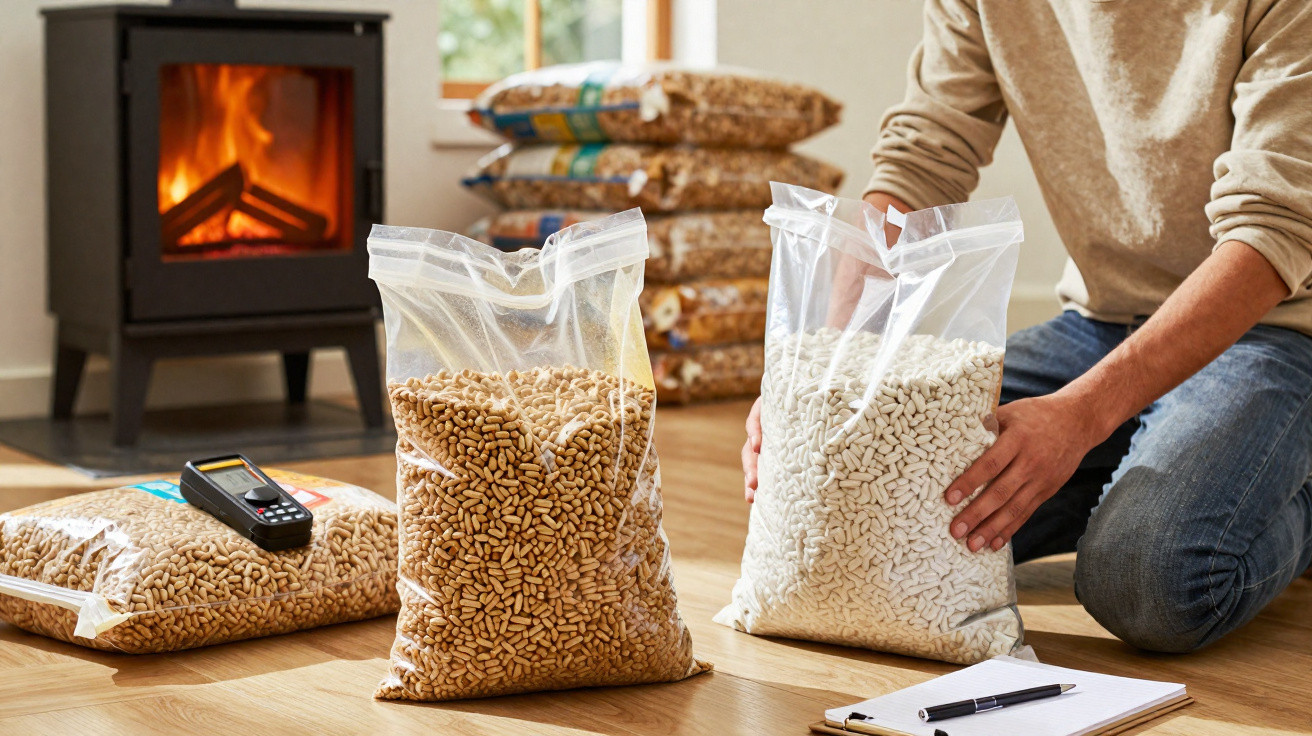 Pessoa a organizar sacos grandes de pellets ao lado de uma lareira acesa num ambiente interior acolhedor.