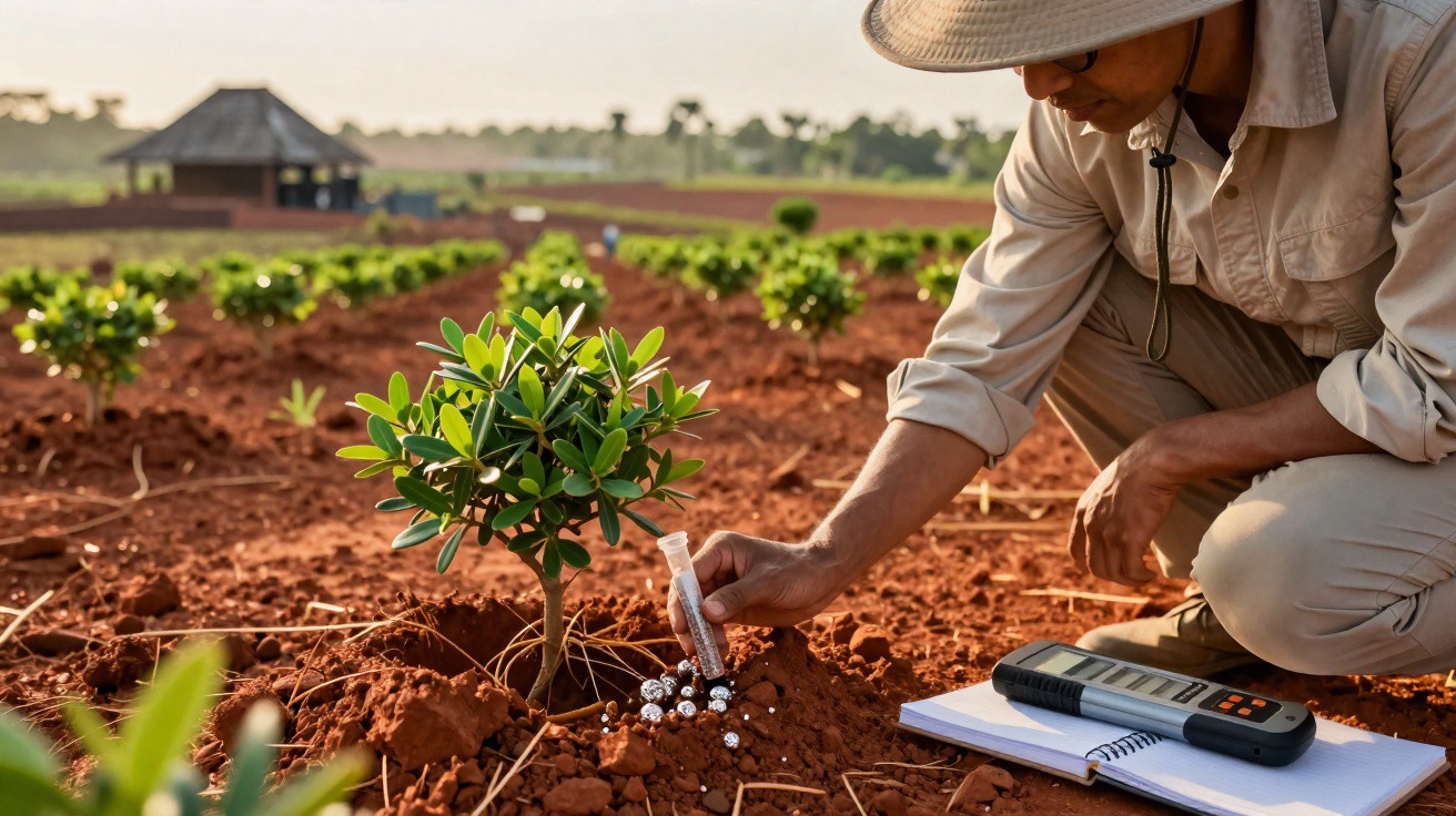 Agricultor com chapéu a colocar fertilizante num vaso junto a uma jovem planta num campo agrícola.