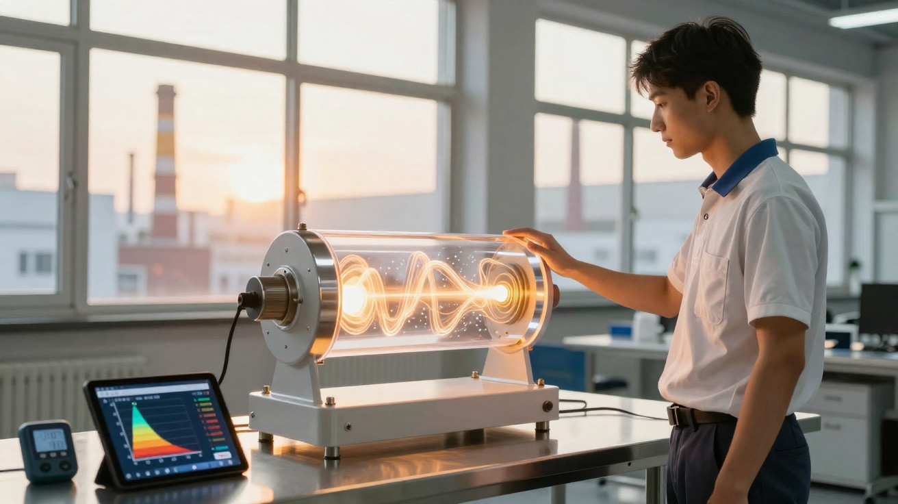 Jovem a estudar máquina futurista com luzes e ondas dentro, num laboratório moderno com janelas grandes.