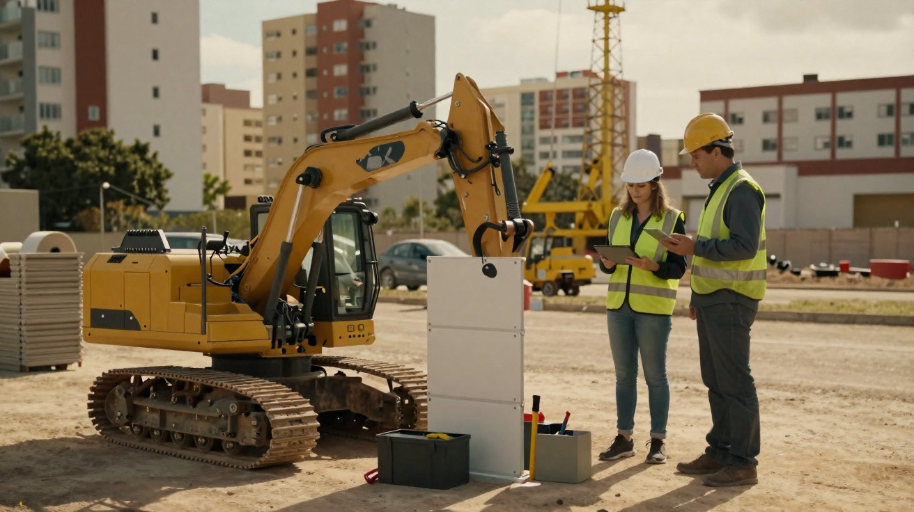 Dois trabalhadores com capacetes e coletes refletores analisam documentos em obra com escavadora e edifícios ao fundo.
