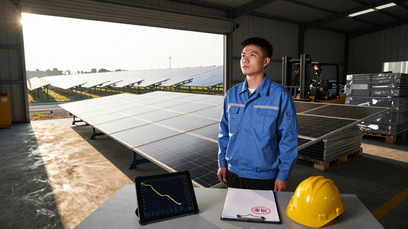 Homem com fato de trabalho azul em armazém com painéis solares e equipamento de segurança numa mesa.