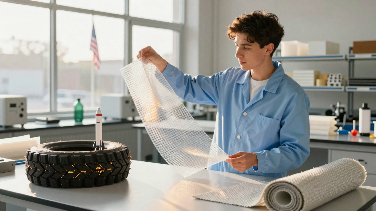 Jovem em bata azul examina tela transparente numa mesa com pneu e maquete de foguete em laboratório.