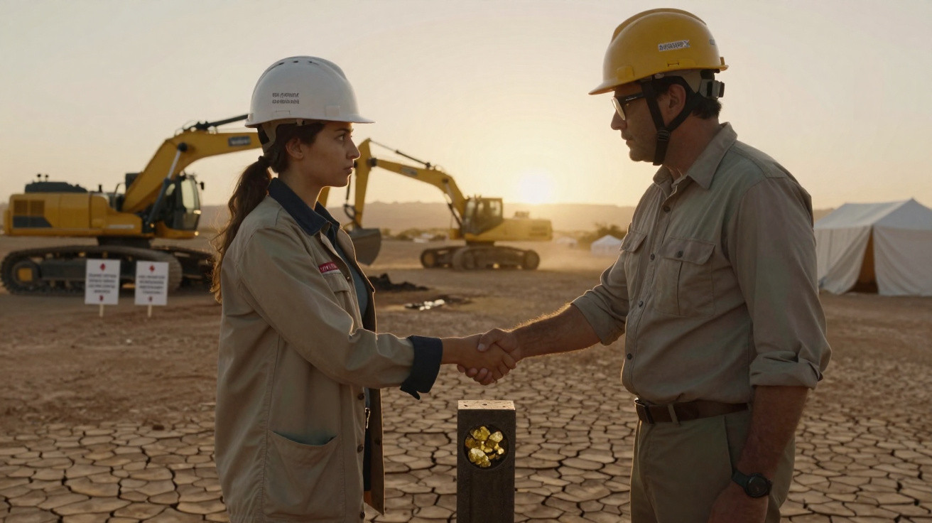 Dois trabalhadores numa obra árida apertam as mãos com maquinaria pesada ao pôr do sol ao fundo.