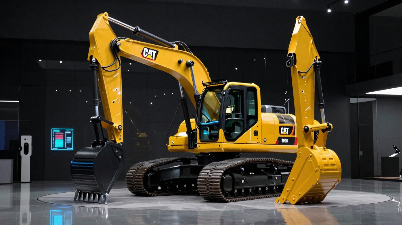 Escavadora amarela CAT 320GC exposta em ambiente interior moderno com piso refletivo.