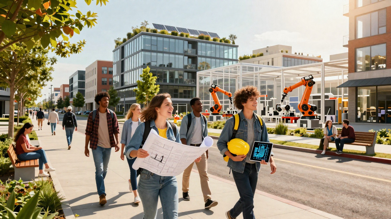 Jovens estudantes com plantas e equipamento de construção caminham em zona urbana moderna com edifícios e robôs industriais.