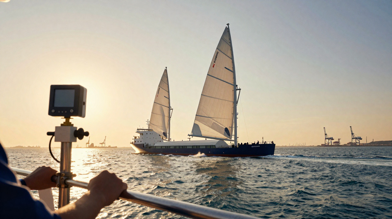 Navio cargueiro com velas navegando ao pôr do sol, visto da mão de uma pessoa segurando um corrimão.