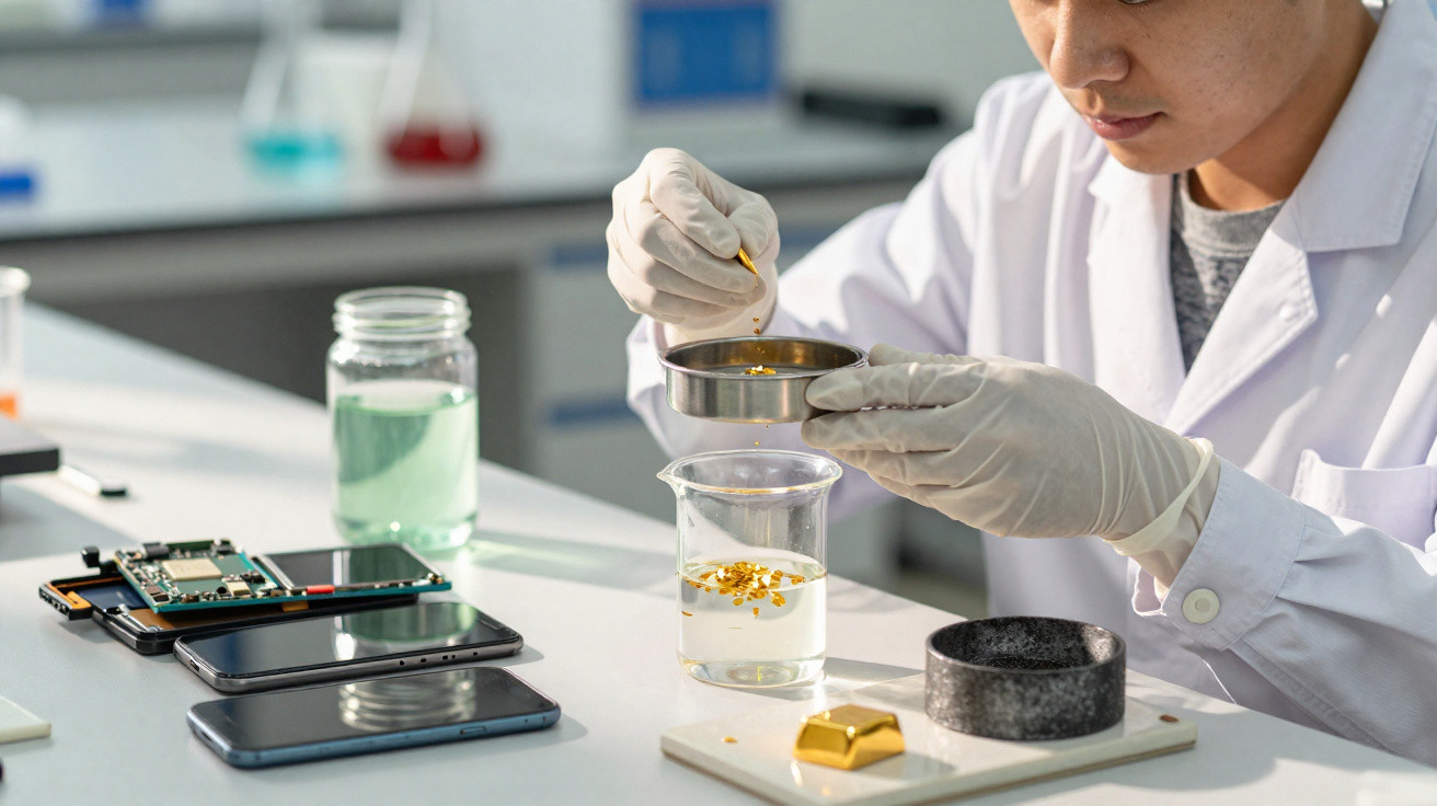 Cientista a examinar pequenas partículas douradas num laboratório com dispositivos eletrónicos sobre a mesa.