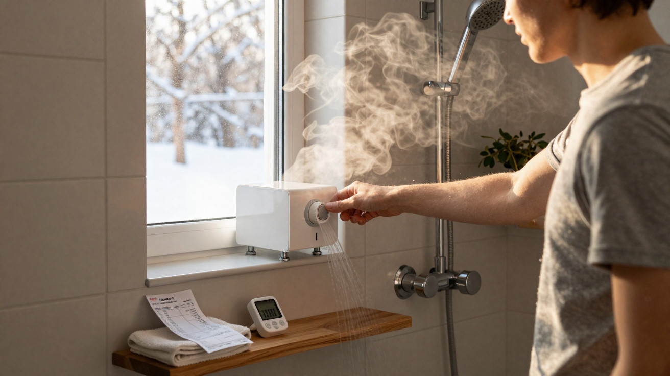 Pessoa a ajustar humidificador a vapor numa casa de banho com janela para neve.