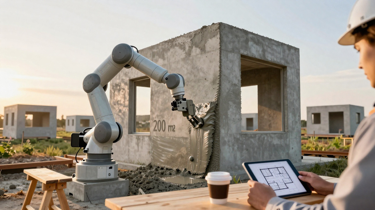 Robô construtor aplica cimento numa estrutura de casa enquanto engenheiro vê planta digital ao lado.