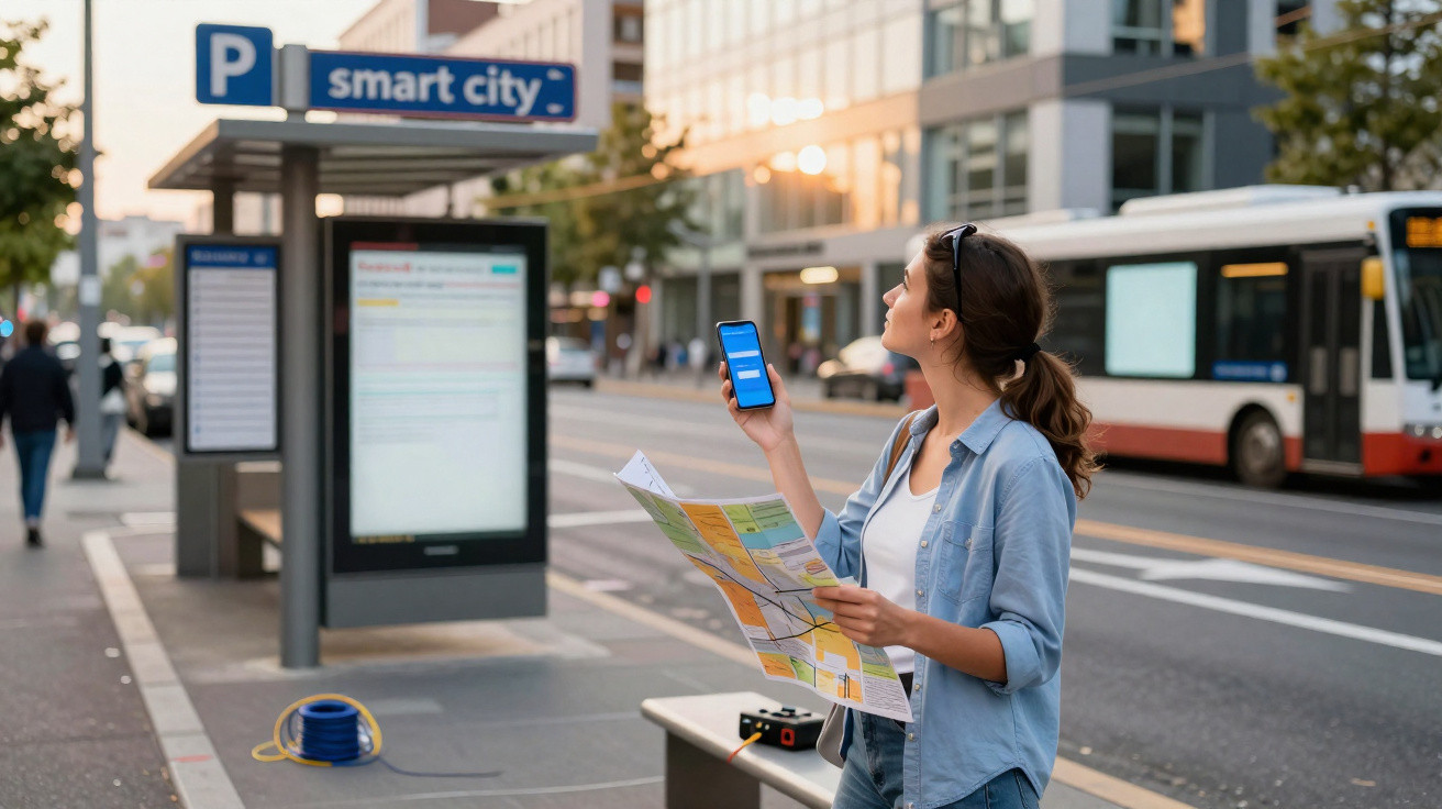 Mulher com mapa e telemóvel à espera de transporte público numa paragem moderna numa cidade inteligente.