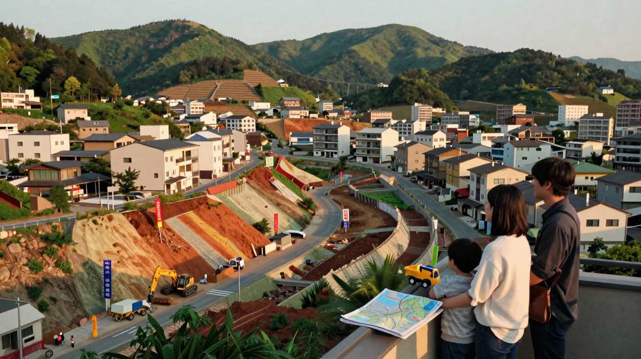 Família observa construção de estrada em área montanhosa com várias casas ao fundo ao pôr do sol.