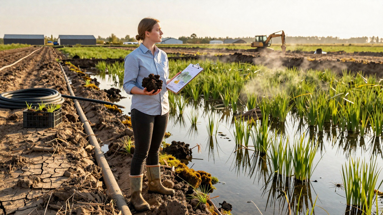 Jovem a observar plantações de arroz com prancheta e amostra de terra numa área agrícola alagada.