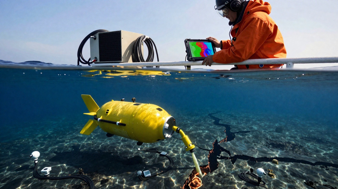 Investigador com roupa de mergulho opera barco com robô amarelo subaquático para análise de falha geológica.