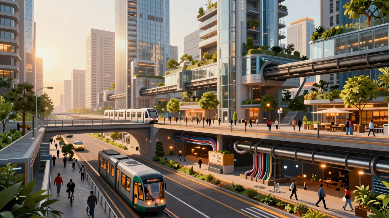 Cidade futurista com comboios modernos, edifícios altos, ciclistas e pedestres em ambiente urbano verde.