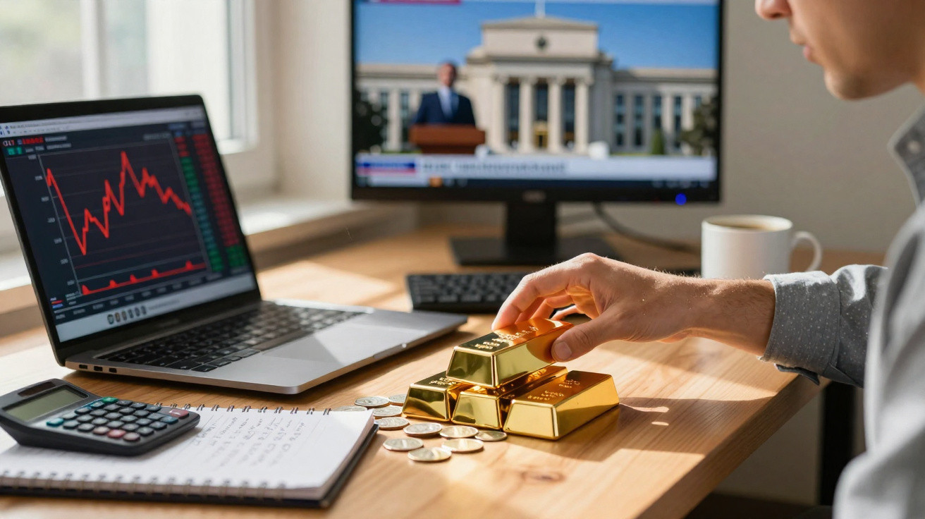 Pessoa a colocar barra de ouro sobre mesa com moedas, portátil com gráfico financeiro e televisão ao fundo.