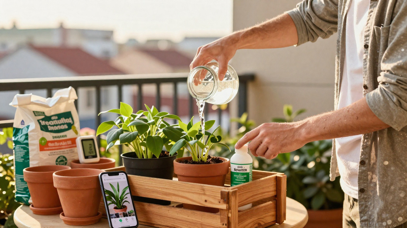 Pessoa a regar plantas em vasos de barro num terraço com smartphone e fertilizante ao lado.