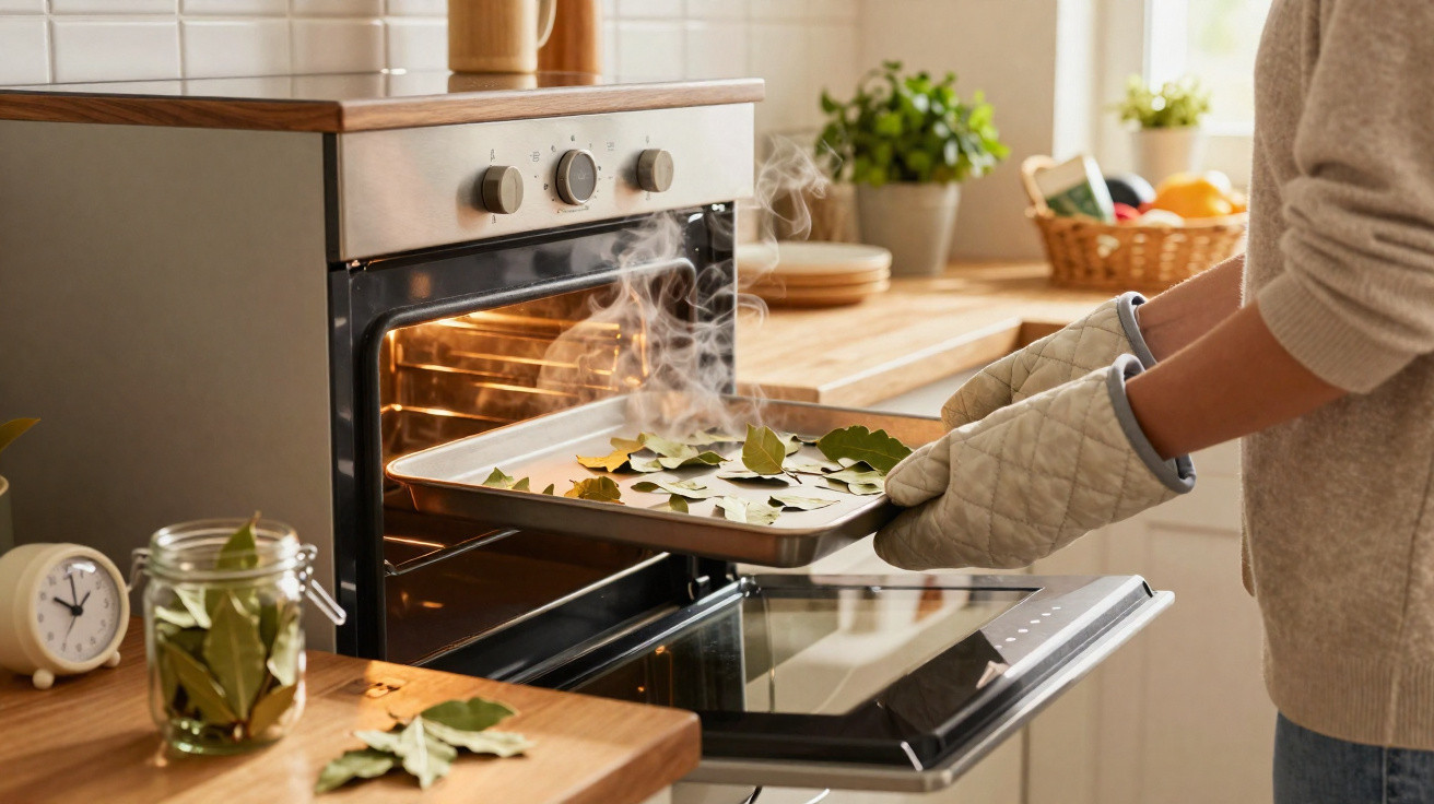 Pessoa a retirar folhas de louro a fumegar de um tabuleiro num forno de cozinha moderno.