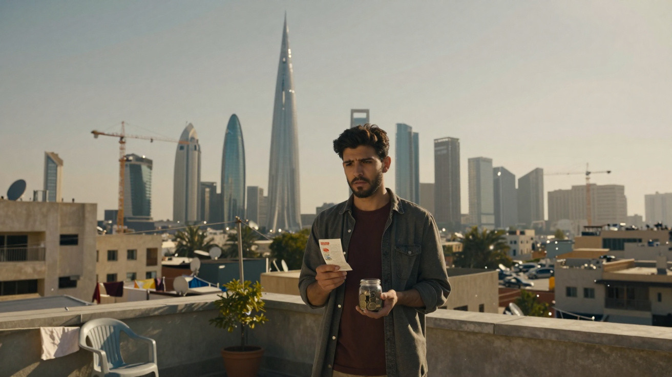Homem de barba no terraço de prédio urbano, segura frasco com moedas e consulta papel, com arranha-céus ao fundo.