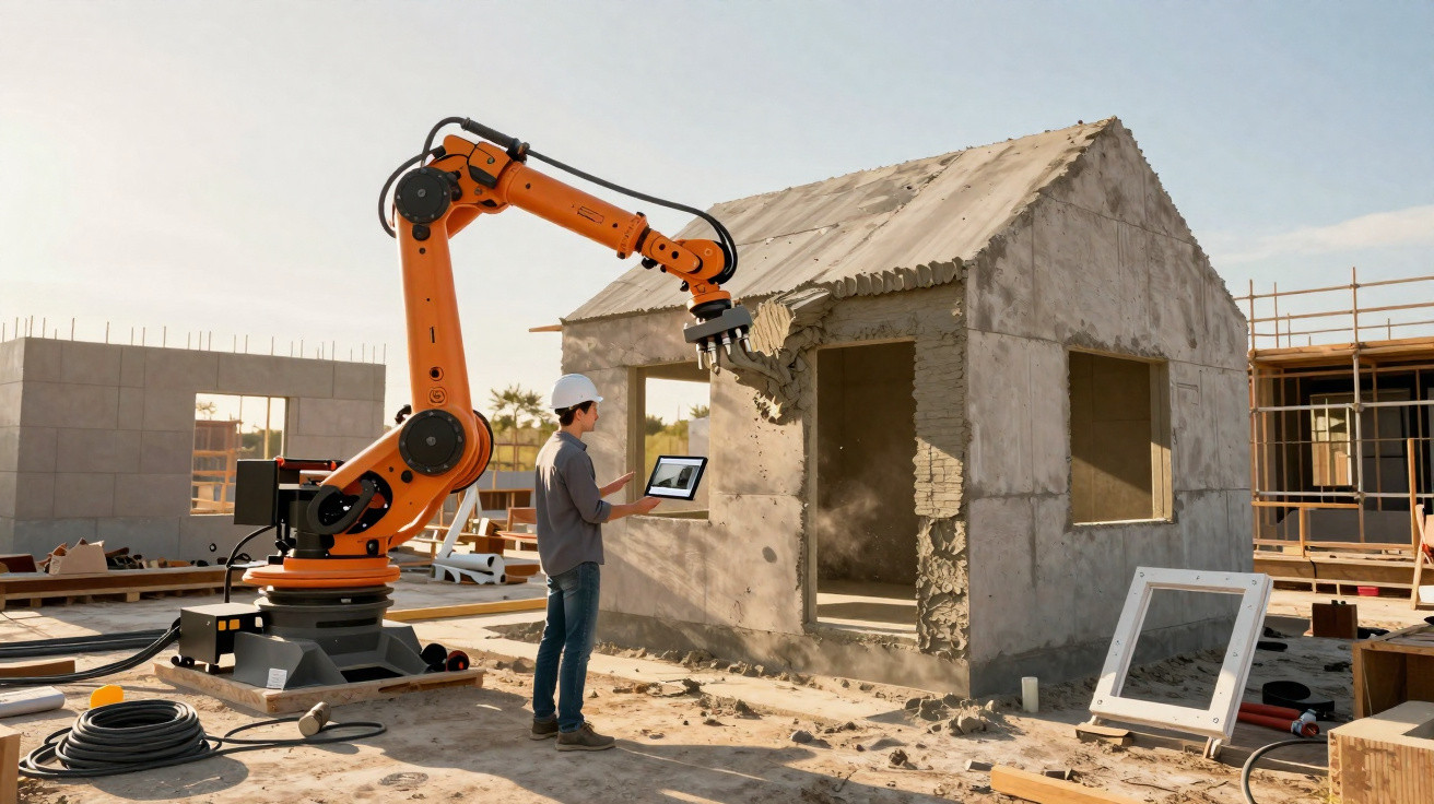 Robô de construção a aplicar cimento numa parede enquanto um operário com capacete controla em portátil.