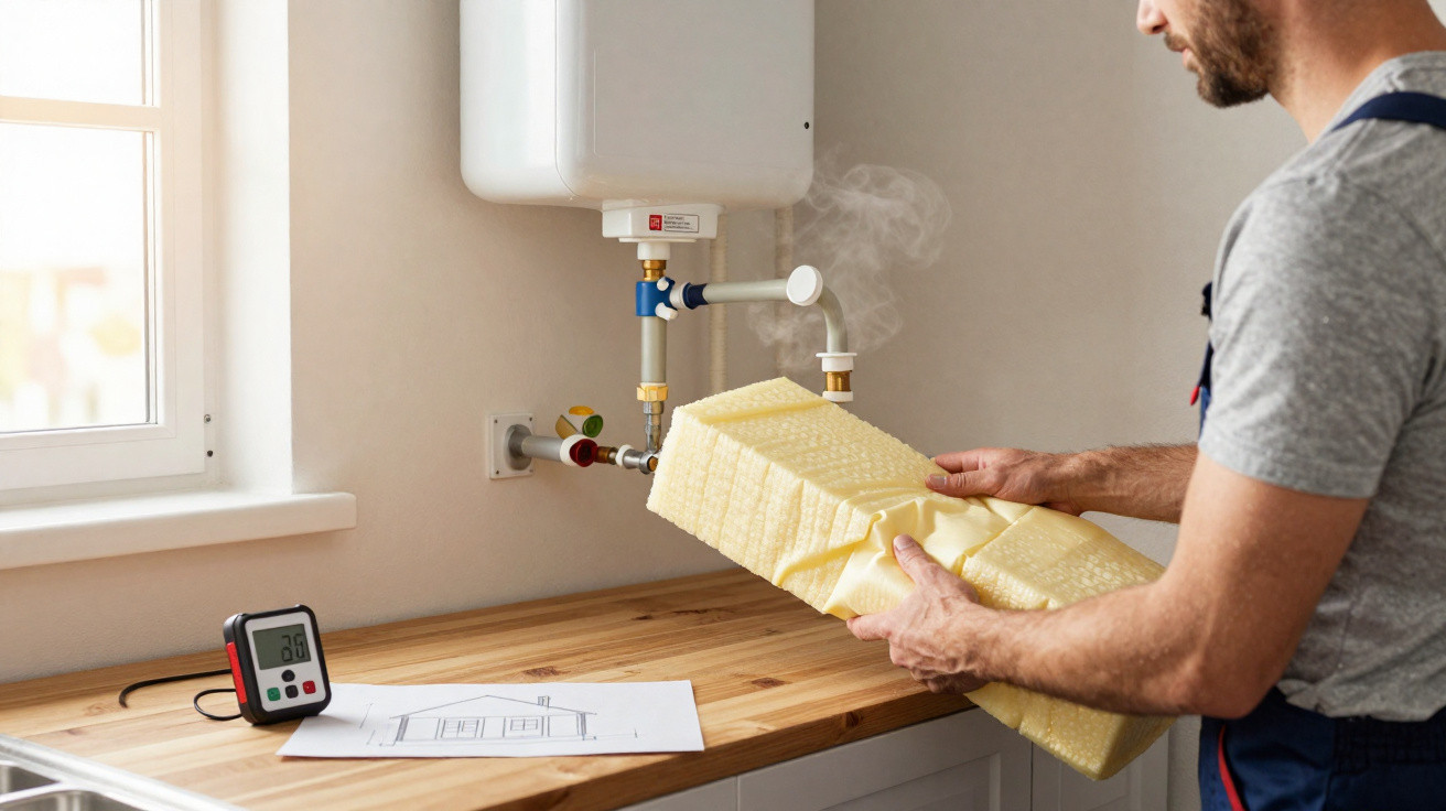 Técnico a segurar isolamento térmico junto a um aquecedor de água a gás com vapor saída.