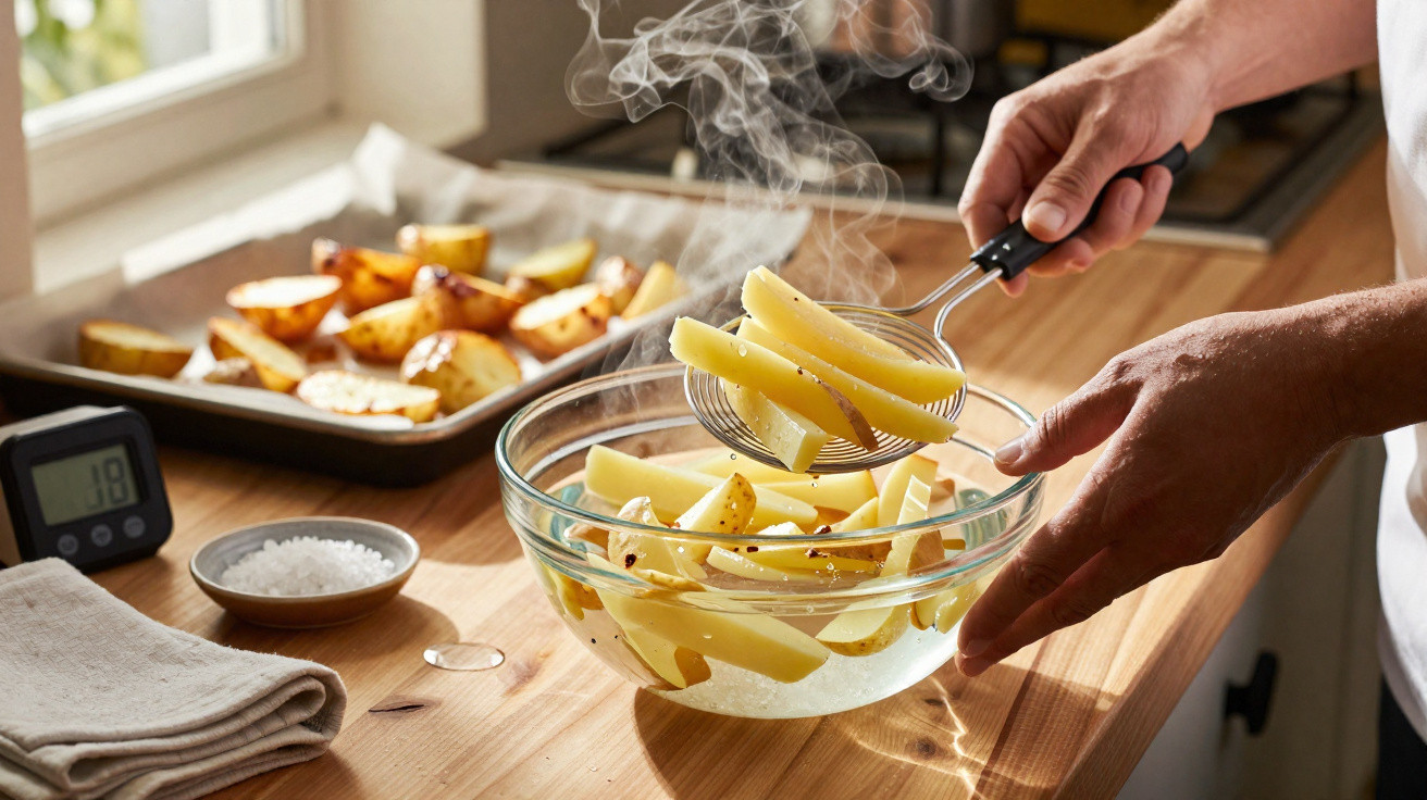 Mãos escorrendo batatas cortadas a vapor numa taça de vidro, com batatas assadas e saleiro ao fundo.
