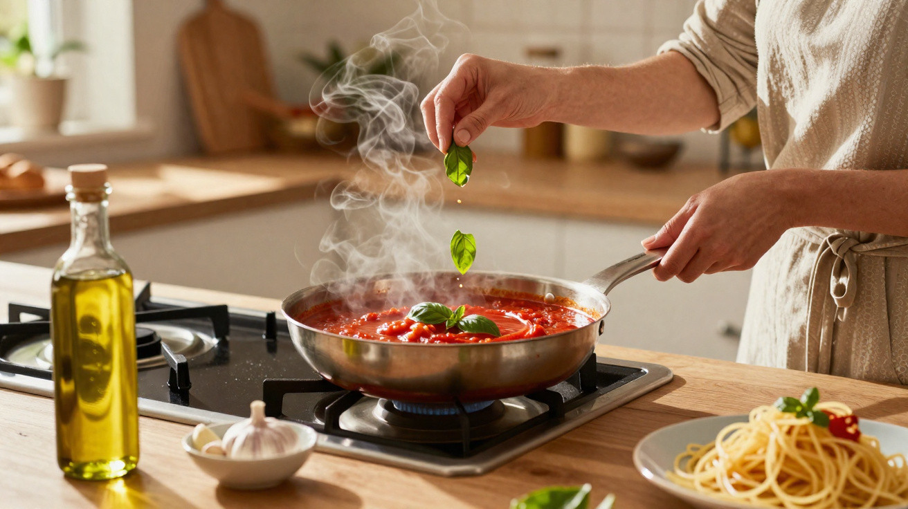 Pessoa a temperar molho de tomate com manjericão numa frigideira sobre fogão a gás, ao lado de azeite e esparguete.