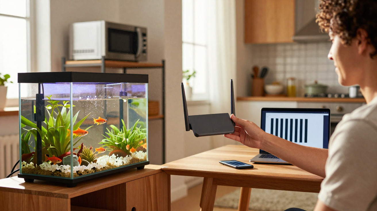 Pessoa segura router Wi-Fi junto a aquário com peixes dourados numa sala iluminada e moderna.