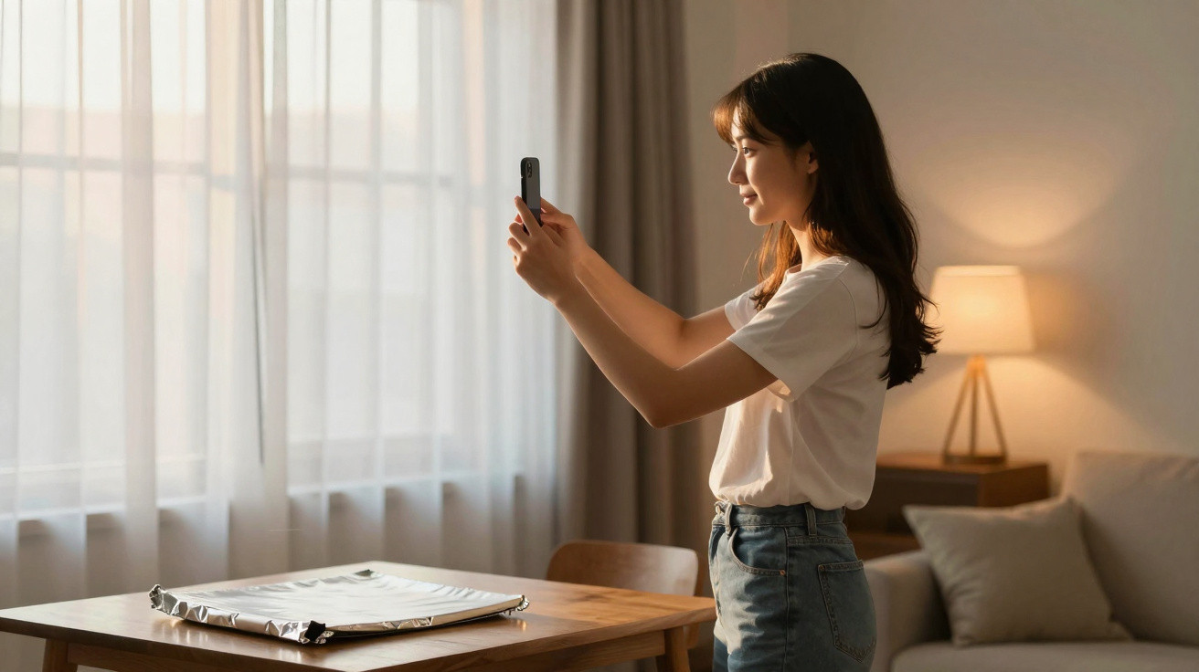 Mulher jovem a tirar uma foto com telemóvel numa sala iluminada com luz natural e lâmpada acesa.