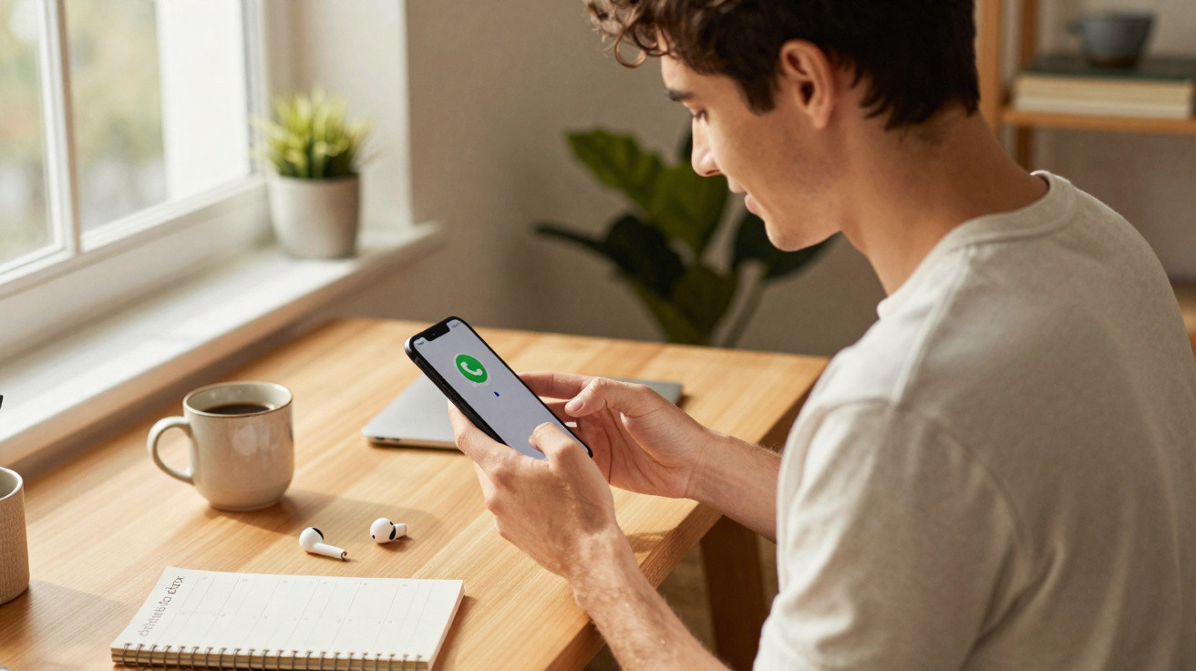 Homem sentado à mesa a usar telemóvel com a aplicação WhatsApp aberta numa casa luminosa.