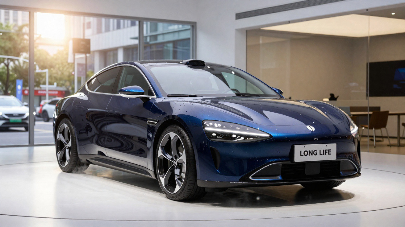 Carro elétrico moderno de cor azul escuro exposto em showroom com iluminação natural.
