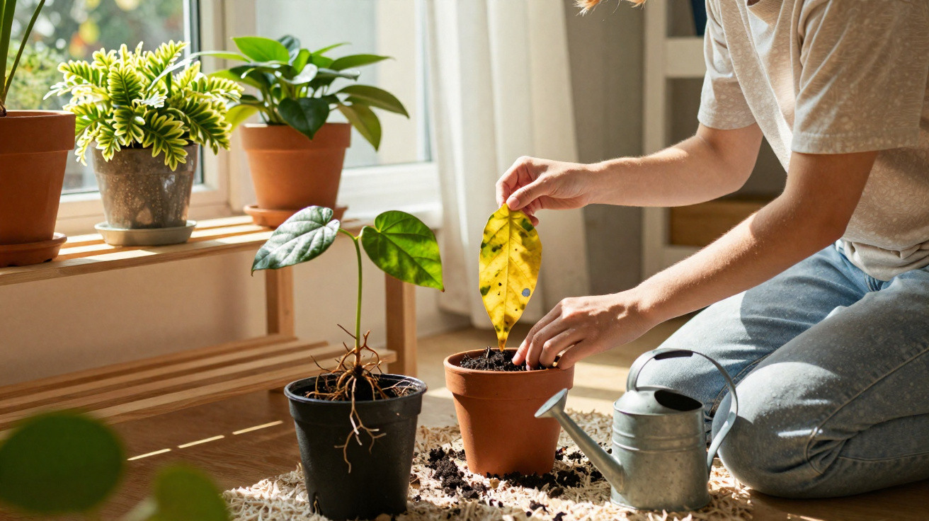 Pessoa a remover folha amarela seca de planta em vaso dentro de casa junto a regador e outras plantas.