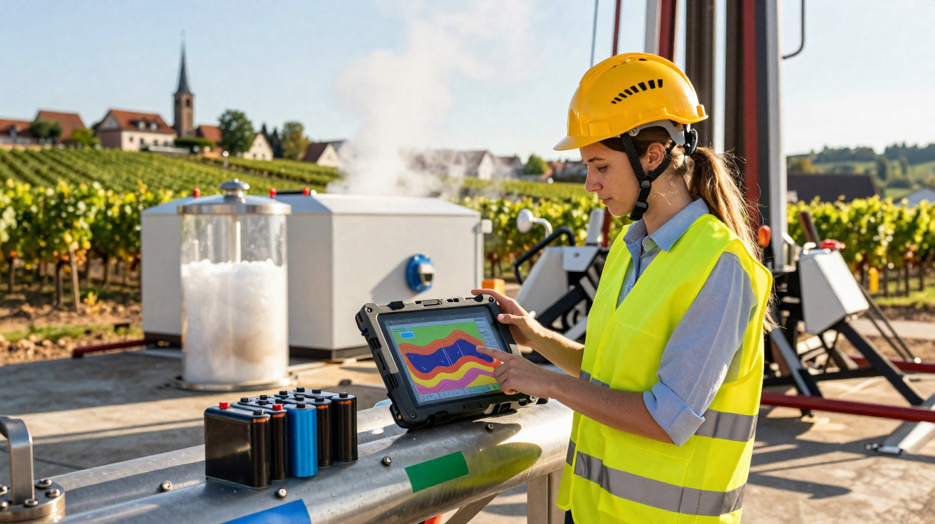 Mulher de capacete e colete refletor usa tablet num ambiente industrial ao ar livre com vinhas ao fundo.