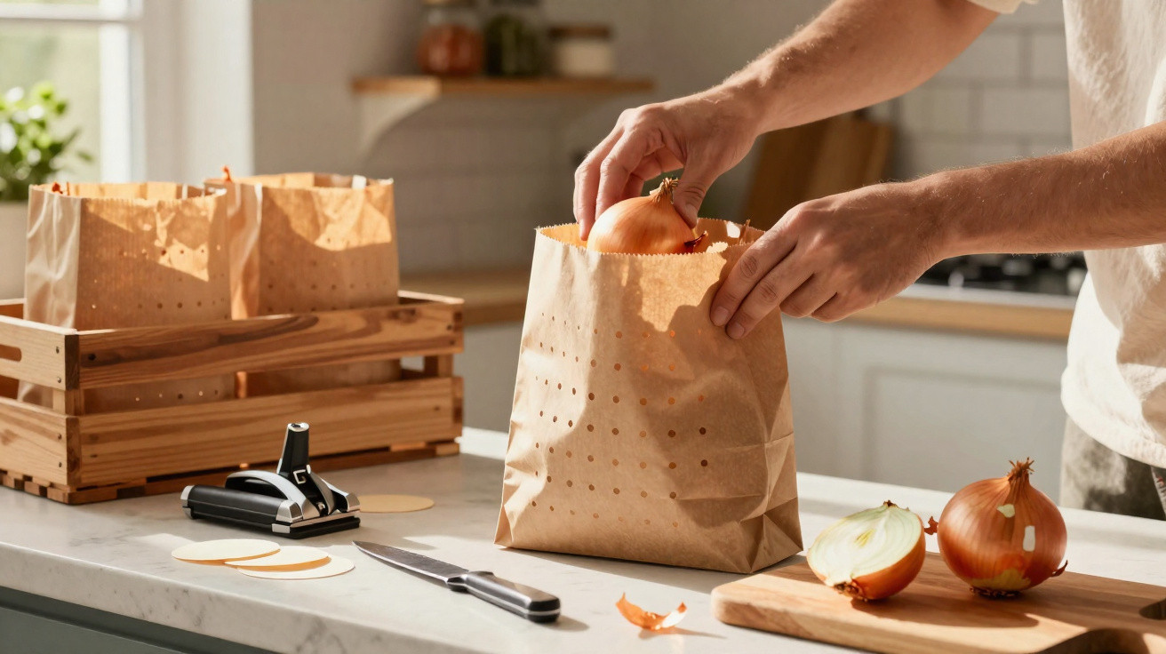 Pessoa a colocar cebolas num saco de papel num balcão de cozinha com vários sacos e facas por perto.