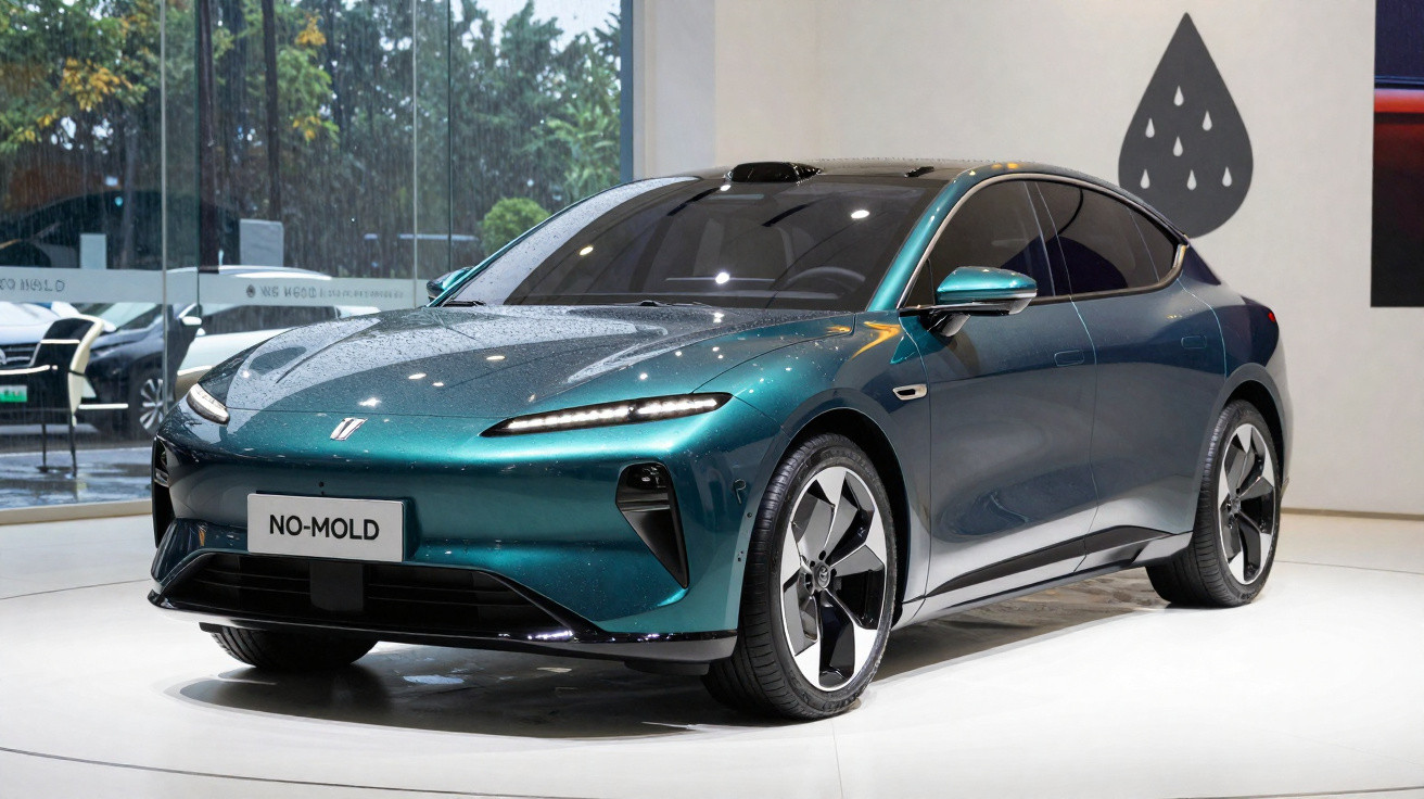 Carro elétrico futurista verde metálico exposto em ambiente interior com iluminação suave e janela atrás.