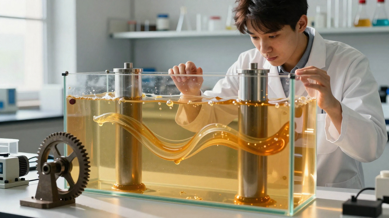 Homem em bata branca observa experiência com fluido amarelo num tanque de laboratório moderno.