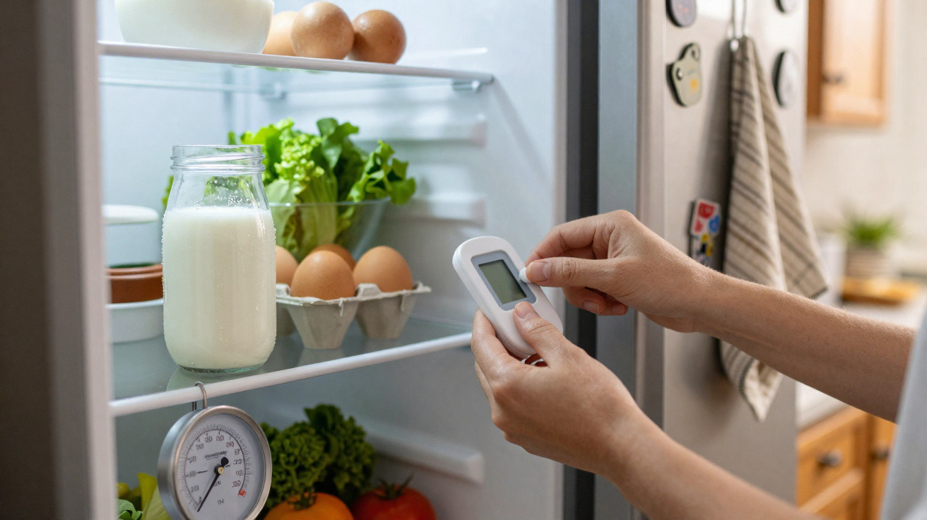 Mãos seguram termómetro digital junto a interior de frigorífico com leite, ovos, hortaliças e termómetro analógico.