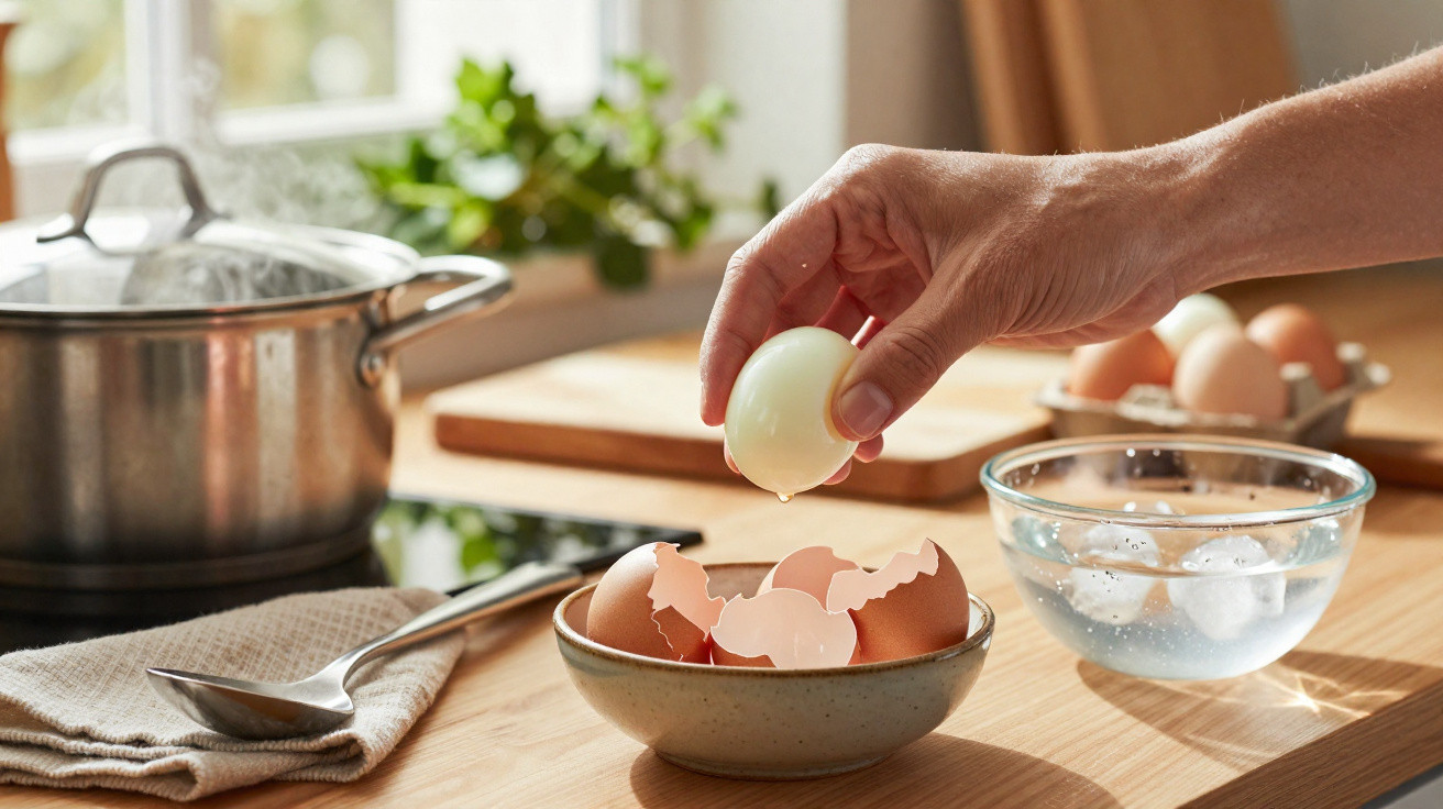 Pessoa a descascar ovo cozido numa cozinha com utensílios e ovos ao fundo.
