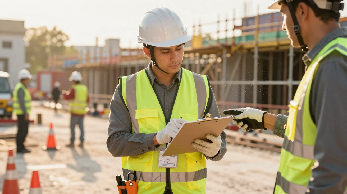 Dois trabalhadores de construção civil com coletes refletivos e capacetes discutem planos num estaleiro.