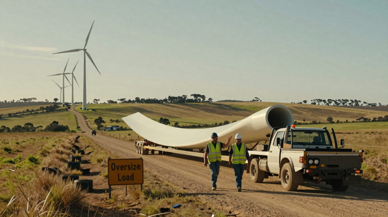 Trabalhadores e veículo a transportar uma grande pá de turbina eólica numa estrada rural com turbinas ao fundo.